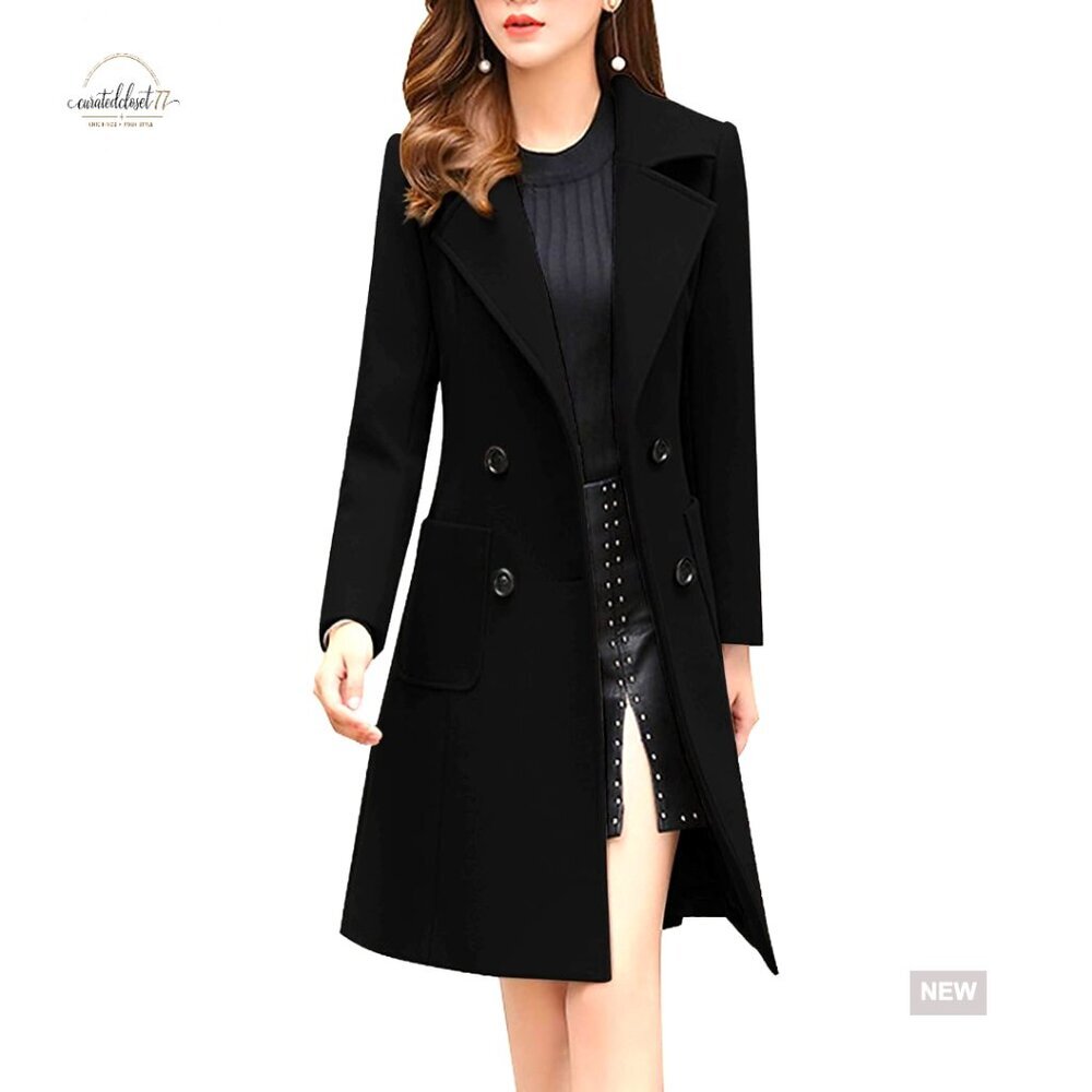Elegant Wool Blend Pea Coat Double Breasted Notched Lapel Winter Overcoat